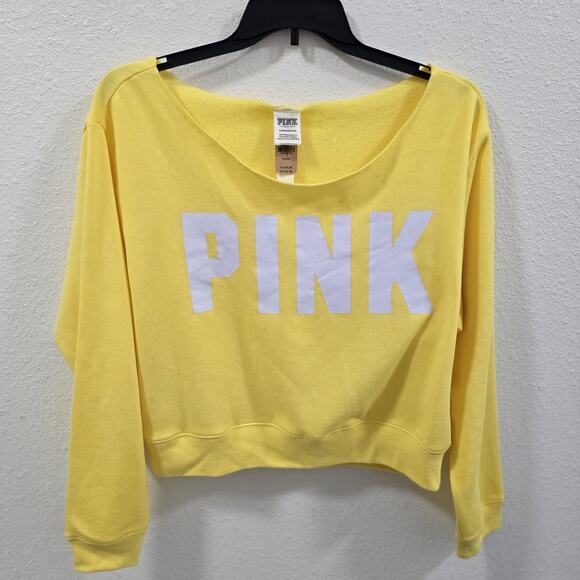 Victoria Secret PINK Sweatshirt XL Off Shoulder Tie Dye Yellow Pullover New - Picture 2 of 10